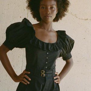 Rare Doen Black Wilma Top Size Medium Ruffle Blouse with Puff Sleeves